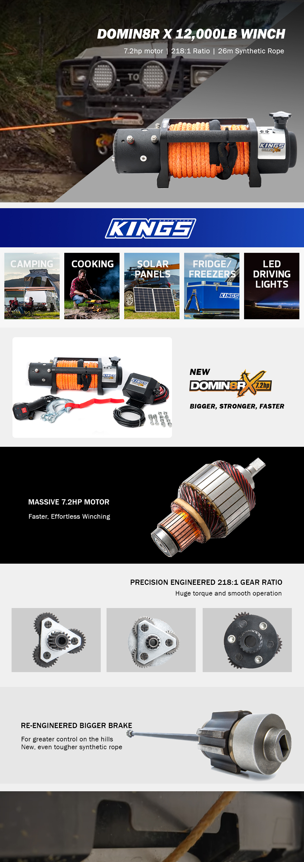 Kings Domin8rX 4WD Electric Rope 12000lb Winch Wired Controller 4X4 7